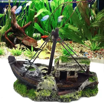 Pvcs Aquarium Fish Tank Landscape Pirate Ship Wreck Ship Decor Resin Boat Ornament Black