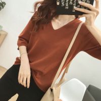 Knit Sweater V-neck Loose Simple Short-sleeved T-shirt Top Women Blouse