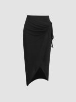 Cider Solid Drawstring Asymmetrical Hem Knit Maxi Skirt