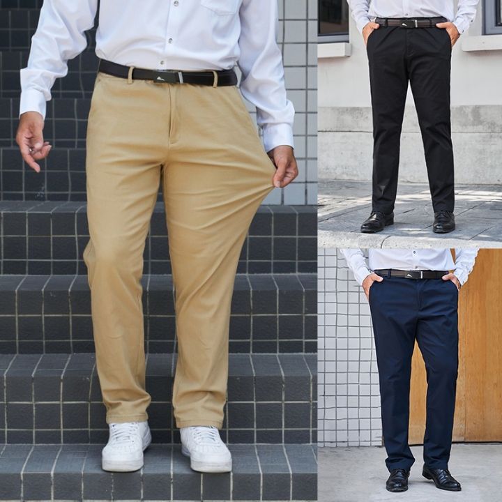 กางเกงสแล็ค-ผ้ายืด-กางเกงผ้าฝ้ายคนอ้วน-กางเกงลำลองไซส์ใหญ่-30-50-สีดำ-สีกากี-เป้าซิป