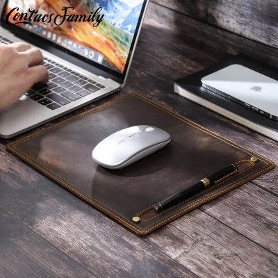 Handmade Leather Mouse Pad With Pen Holder Gaming Mice Mat Desk Cushion Anti-slip Comfortable Stitched Edges For Home Office