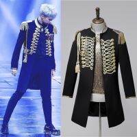 Men Star Singer Concert Performance Button Blazers Gold Tassel Epaulet Suit Jackets Bar Nightclub Magician Host Punk Long Coat