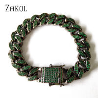 ZAKOL Hip Hop Style 12mm Black Gold Color Miami Cuban Link Bracelet with AAAA Blue Green Cubic Zircon Luxury Bling Women Jewelry