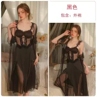 2023 Hot GuiSatin With Chest Pad Perspective Lace Waist Slimming Sling Nightgown Mesh Robe Home Clothes Set 3382