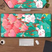 Kawaii Desk Mat High Definition Printing Cute Rabit Lay on Green Leave Pink Tulip Gaming Mouse Pad Computer Accessories Mousepad