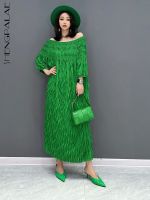 【YF】 SHENGPAIAE 2023 Fashion Female Pleated Solid Color Slash Neck Collar Puff Sleeve Loose Waist Robe Dress For Women Vestido 5Q538