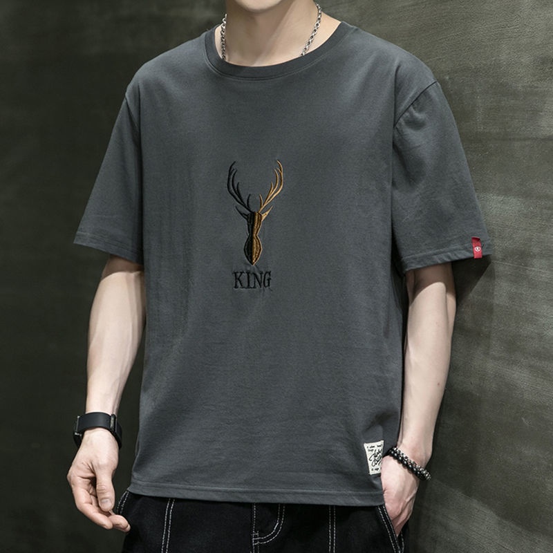 新款短袖的T恤男子刺绣宽松Preppy韩版圆领上衣