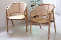 พร้อมส่ง Rattan Armchair เก้าอี้หวาย เก้าอี้ไม้สัก เก้าอี้ teak wood rattan dining rounded chair with arms