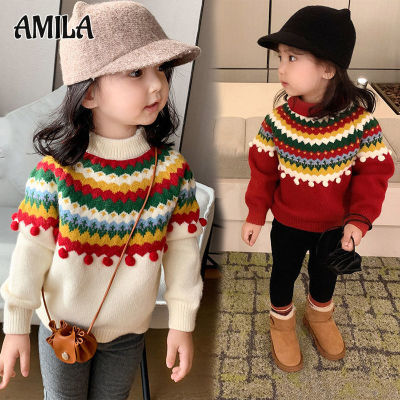 AMILA เสื้อผ้าคริสต์มาสและปีใหม่เสื้อขนแกะย้อนยุคเด็กหญิงเสื้อสเวตเตอร์ผ้าแจ็คการ์ดหนา