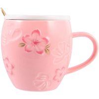 Pink Ceramic Cup Set Cute Teacup Stoneware Coffee Cup Mug Teacup Coffee Cup Birthday Gift with Ceramic Lid Spoon 400Ml