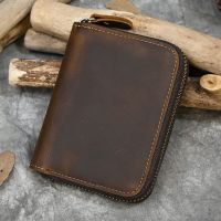 Men Crazy Horse Genuine Leather Coin Wallet Real Leather Snap Short Purse Women Coin Pocket Zip Around Small Trifold Pocket