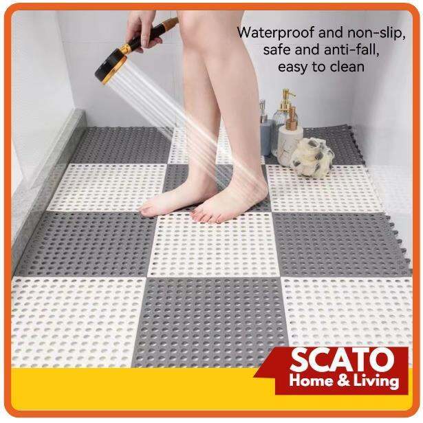 4PCS Interlocking Rubber Floor Tiles with Drain Holes DIY Bathroom
