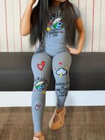 【DT】hot！ Cartoon PrintTwo Pieces Cress Neck Pullover Tee Elastic Waist Trousers Matching Outfits 2PC