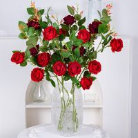 Simulated Flowers 3 Velvet Roses Multi Head Long Branches Wedding Hotel Decoration Photography Props Artificial Flowers Artificial Flowers  Plants