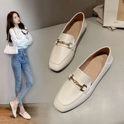 ℡▩ Single shoes for women genuine soft leather shoes womens slip-on non-slip flat-soled British-style casual loafers soft-soled lazy beanie shoes