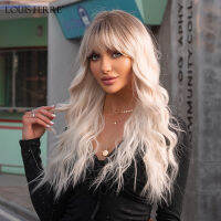 LOUIS FERRE Long Platinum Wave วิกผมสังเคราะห์สำหรับผู้หญิงสีขาว Ombre Light สีบลอนด์ Wigs กับ Bangs Daily คอสเพลย์อุณหภูมิสูง ~