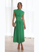 Women Elegant Maxi Dresses 2023 Summer Fashion Casual Solid Sleeveless Backless Dress Female Sexy Hollow Out Pleated Long Dress