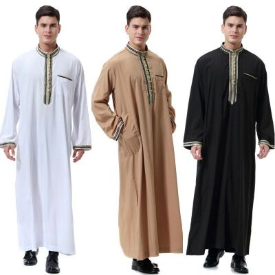 ชุดอิสลามอาหรับชายตะวันออกกลางเสื้อคลุมชุดแขนยาวสีทึบดูไบอบายาชายมุสลิม