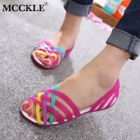 {shoe shop} MCCKLE WomenJelly SandalsColor Peep Toe หญิงรองเท้าชายหาดแบนลื่นบนสไลด์โชว์รองเท้า