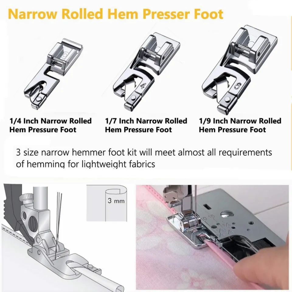 3PCS Rolled Hem Presser Foot Set , 3 mm, 4 mm, 6 mm Hemming Foot Kit for  Sewing Rolled Hemmer Presser Foot for , Brother, Janome, Home  Multifunctional Sewing Machine