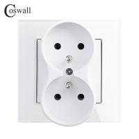 COSWALL HG Series White Glass Panel 16A French / Poland Standard EU Power Socket With Children Protective Door PA Base