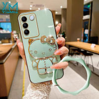 YiaMia เคสโทรศัพท์แฟชั่นสำหรับ VIVO V27 V27 Pro V25 V20SE V20 V15 V15 Pro V17 V19 V19 Neo V21 4G V21 5G V21E 4G Y73 4G ตัวชุบโลหะหรูหรา V23E แฟชั่น KT กระจกเงาโต๊ะเครื่องแป้งแมวปลอก + สร้อยข้อมือ