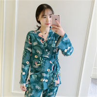 Japanese style kimono front buckle tether flower flamingo pajamas female spring and autumn new 2020 elegant home service badjas