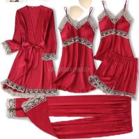 【JH】Lace 5PCS Pjs Sleep Set Women Satin Pajamas Summer Pyjamas Suit Sexy Sleepwear V-Neck Kimono Robe Gown Nightwear Thin Lingerie