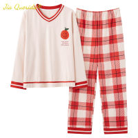 V Neck Fashion Pajamas for Women Korean Stylish Plaid Pants Chic Orange Printing 100 Cotton Sleepwear Long Sleeved Womans Pjs