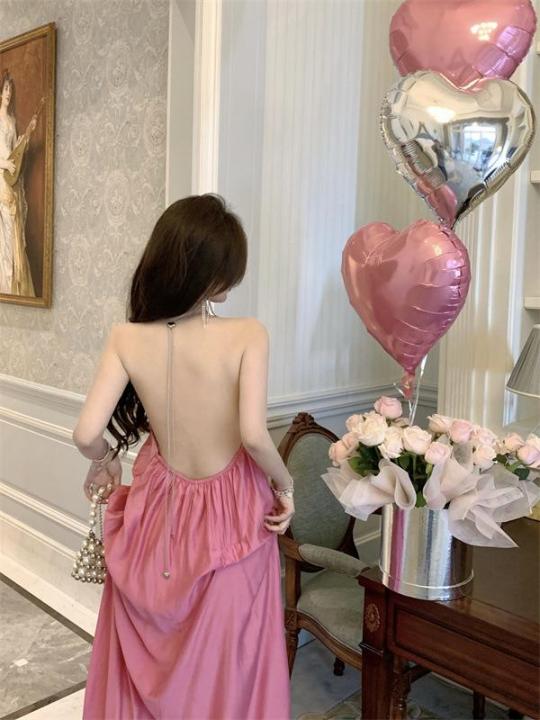 pink-backless-hanging-neck-strap-dress-female-summer-new-tea-xiejue-beautiful-french-dress-sexy-beach-holiday