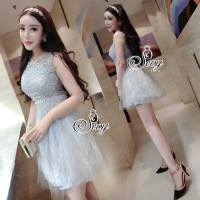 มินิเดรส SEVY Mini Dress Sevy Elegance Gala Glitter Luxury Mini Dress งานปักผสมกริตเตอร์และผ้าตาข่าย มีฟองน้ำเสริมหน้าอก สีเทา