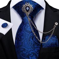 Royal Blue Men 39;s Paisley Silk Ties Pocket Square Cufflinks Luxruy Brooch Business Wedding Necktie Gift Set For Men DiBanGu