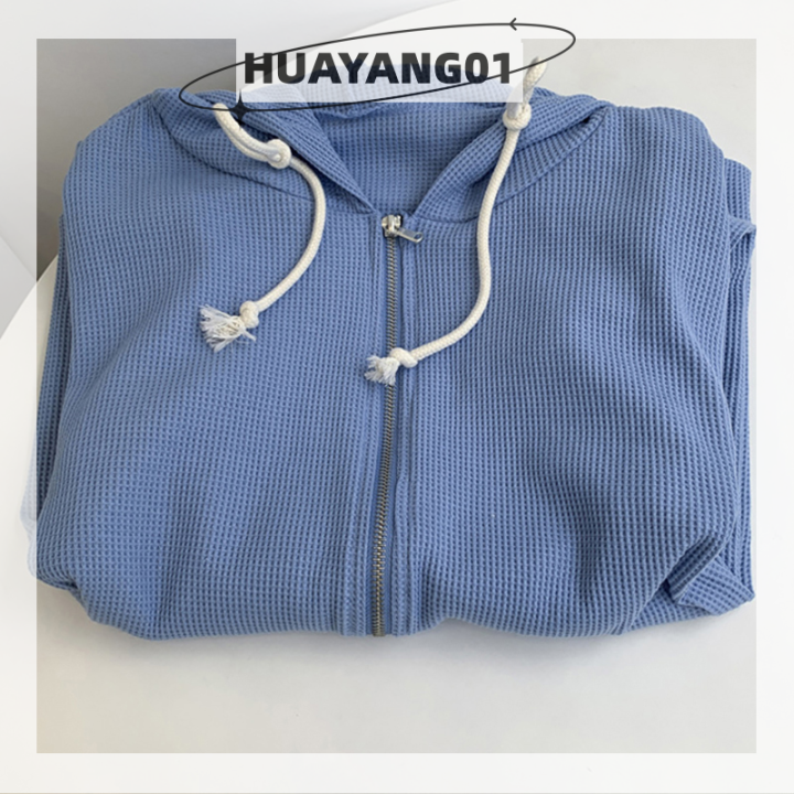 huayang01เสื้อโค้ทมีฮู้ดวาฟเฟิลแฟชั่นฤดูใบไม้ร่วง-สเวตเชิ้ตทรงหลวมแขนยาวสีทึบสำหรับผู้หญิง