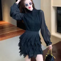 2021 New Spring Sweet Two Piece Set Women Long Sleeve Knitted Chiffon Shirt Blouse + Mini Skirt Suits Set Korean Fashion Outfits