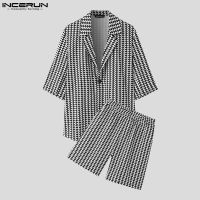 Medussa INCERUN เสื้อเชิ้ตปกครึ่งแขนแบบวินเทจ2ชิ้นลายขวางมีปกกางเกงขาสั้น (สไตล์เกาหลี)