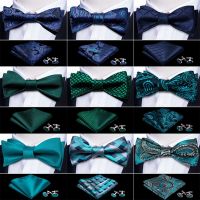 Men Self Bow Tie Silk Butterfly Men 39;s Tie Dark Green Blue Lattice Hanky Cufflinks Suit Collar Removable Necktie Barry.Wang