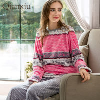 Women Winter Thickened Leisure Print Home Clothes Ladies Round Neck Warm Flannel Pajamas Set Full long Length Sleeve Nightwears