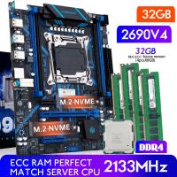 เมนบอร์ด + CPU + เมนบอร์ดแรม + CPU + แรม Huanzhi มาเธอร์บอร์ด X99 QD4ที่มี Combo ชุดคิท XEON E5 V4 2690 32GB 2133Mhz (4*8G) DDR4 REG ECC หน่วยความจำ NVME NGFF USB3.0