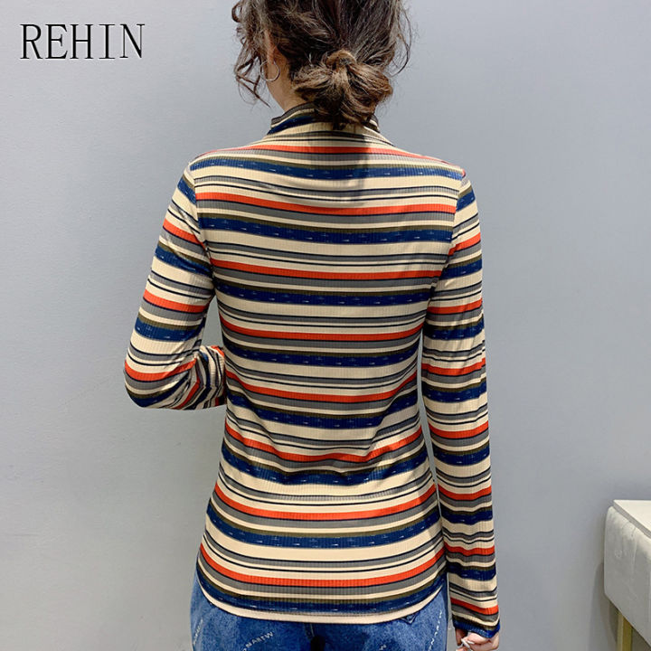 rehin-ของผู้หญิงฤดูใบไม้ร่วงและฤดูหนาวแฟชั่นใหม่พิมพ์ลายครึ่งคอสูงแขนยาวเสื้อยืดสลิมฟิตเสื้อทุกการแข่งขัน