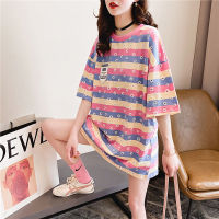 【Plus size】(40-150kg) Fat women plus size oversized short sleeve tshirt fashion stripe daisy loose slack tee