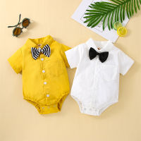 0-18M ฤดูร้อนเด็กทารกสุภาพบุรุษ Romper เสื้อผ้า2สีแขนสั้น Single Breasted Solid Jumpsuit กับ Bow Tie