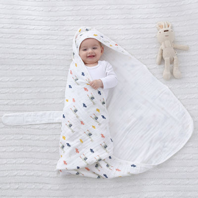 Newborn Cartoon Knitted Fabric Blanket Infantile Wrapping with Windproof Cap Baby Cotton Blankets Stripe Wrap Swaddle 85x85cm