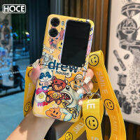 HOCE เคสโทรศัพท์มีสายคล้องหน้ายิ้มบลูเรย์แฟชั่นสำหรับ N2ออปโป้ไฟนด์,ปลอกเชือกแนวทแยงกันกระแทกเคส TPU แบบอ่อนพลิกสำหรับ N2 OPPO เคสพลิก