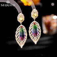 SEQUITO 2021ใหม่แฟชั่นชุบทอง Big Leaf Dangle Pave Tear Drop ธรรมชาติสายรุ้ง CZ หินยาวจัดเลี้ยง Party เครื่องประดับต่างหูผู้หญิง SE465