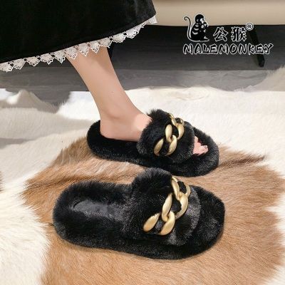 【July】 Male monkey slippers womens outer 2023 autumn and winter new net red ins cute chain suede word