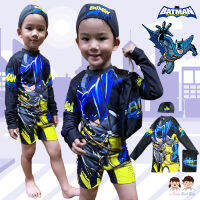 ชุดว่ายน้ำ ชุดว่ายน้ำเด็ก ชุดว่ายน้ำเด็กชาย สีดำ Batman บอดี้สูทเสื้อแขนยาวกางเกงขาสั้น พร้อมหมวกว่ายน้ำและถุงผ้า สุดเท่ ผ้าดี ใส่สบาย