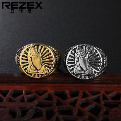 REZEX เครื่องประดับใหม่ย้อนยุคสวดมนต์เหล็กไทเทเนียมผู้ชายแหวน