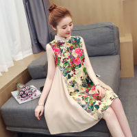 【CW】1pcslot chinese style Cotton and Linen Stitching Chiffon A-Line Cheongsam Dress Vintage Women Flora Printed Loose dress