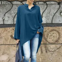 Fancystyle ZANZEA Women Fashion Long Sleeve V Neck Tops Loose Asymmetric Hem Shirt Ladies Plain Blouse