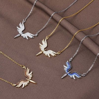 Classic Angel Wings Rainbow Pendant Necklace Rhinestones Necklace Party Wedding Jewelry Gift For Women